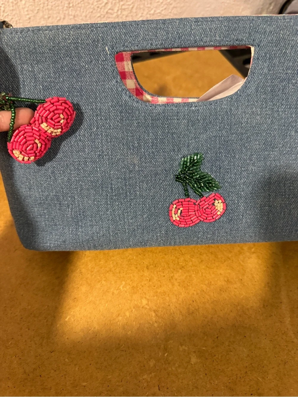 Embellished Denim Cherry Clutch - Pink & Green